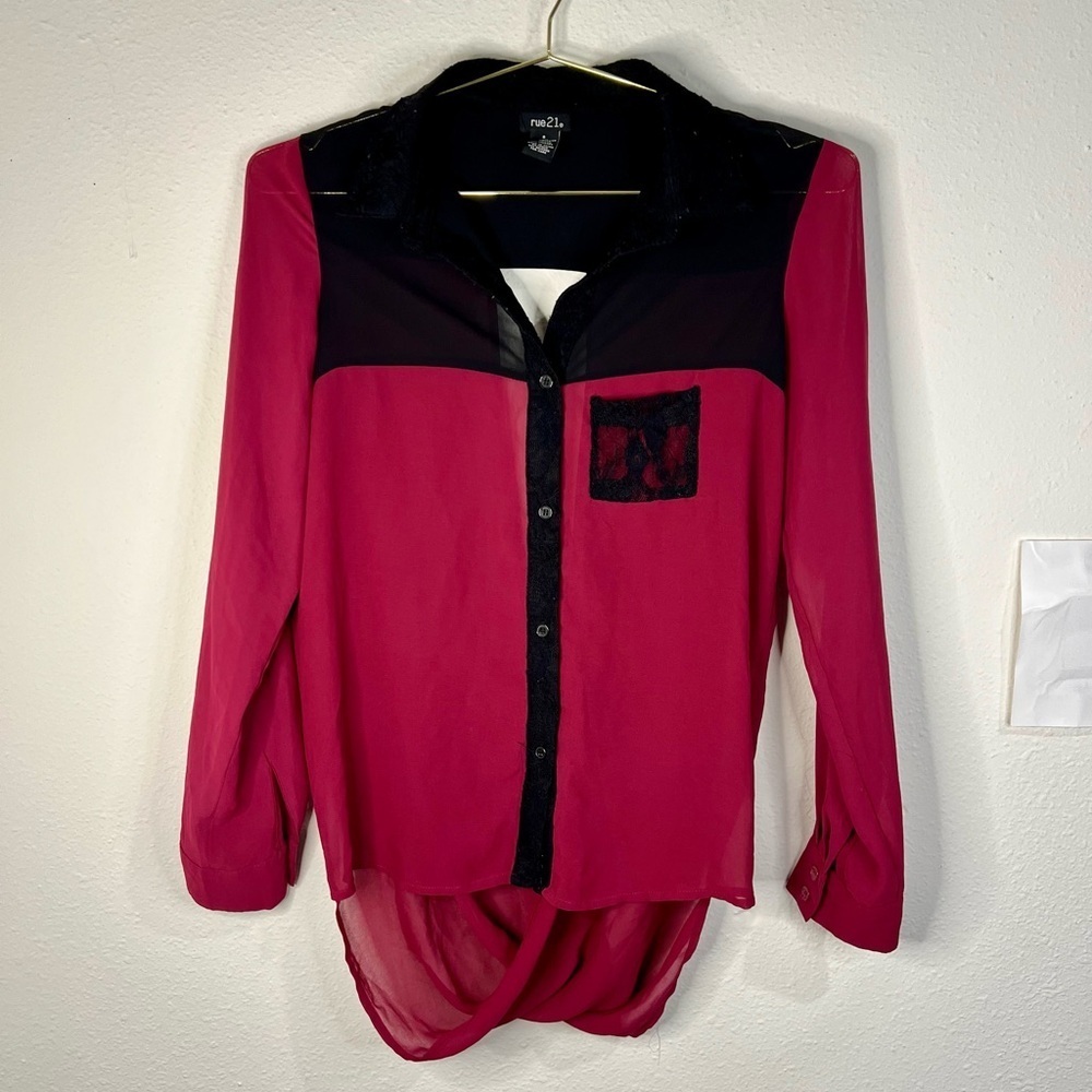 Rue21 Women's Pink Black Button-Up High-Low Shirt Small Lace Pocket Detail Sheer
